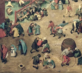 Barnspel (Kinderspiele): detalj i den vänstra sektionen som visar barn som bowlar, gör handstående, leker med en hobbyhäst och andra spel, 1560 (detalj av 68945)